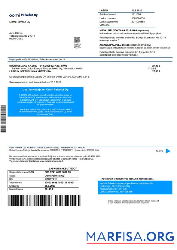 Printable Finland Oomi Palvelut Oy electricity utility bill template in Word and PDF format
